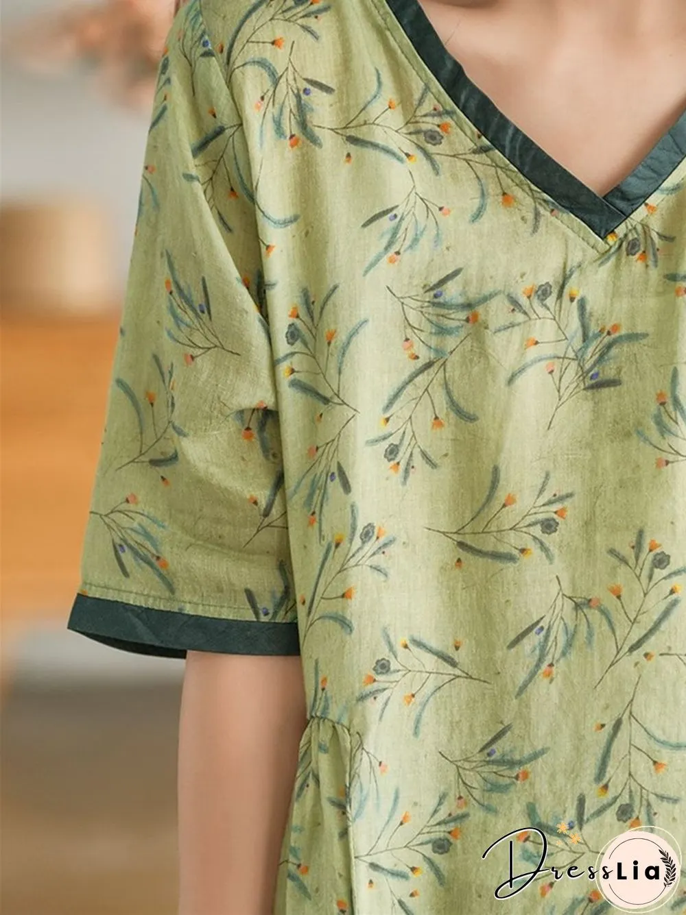Literary Retro Floral Cotton Linen Short Sleeved Dress