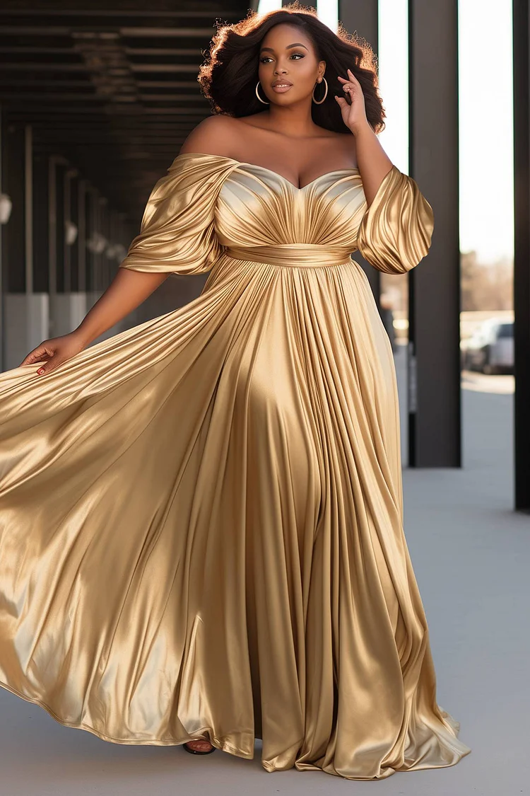 Xpluswear Design Plus Size Formal Gold Off The Shoulder Puff Sleeve Half Sleeve Ruffled Glitter Maxi Dresses [Pre-Order]