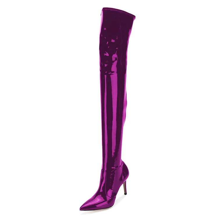 Purple Patent Leather Pointy Toe Thigh High Heel Boots|FSJshoes