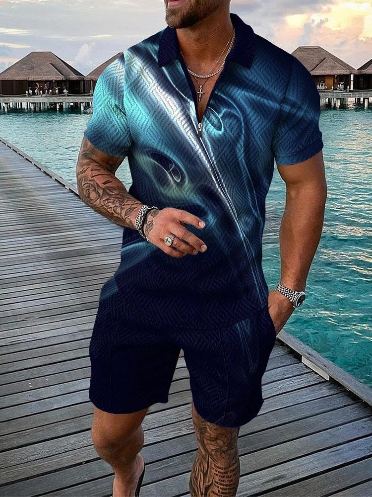 Men's Tie-Dye Zip Polo Shirt and Shorts Two-Piece Suits