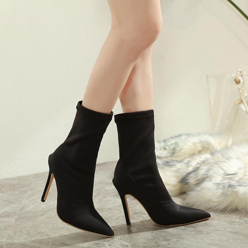 VCSHOES Black High Heel Stretch Ankle Boots