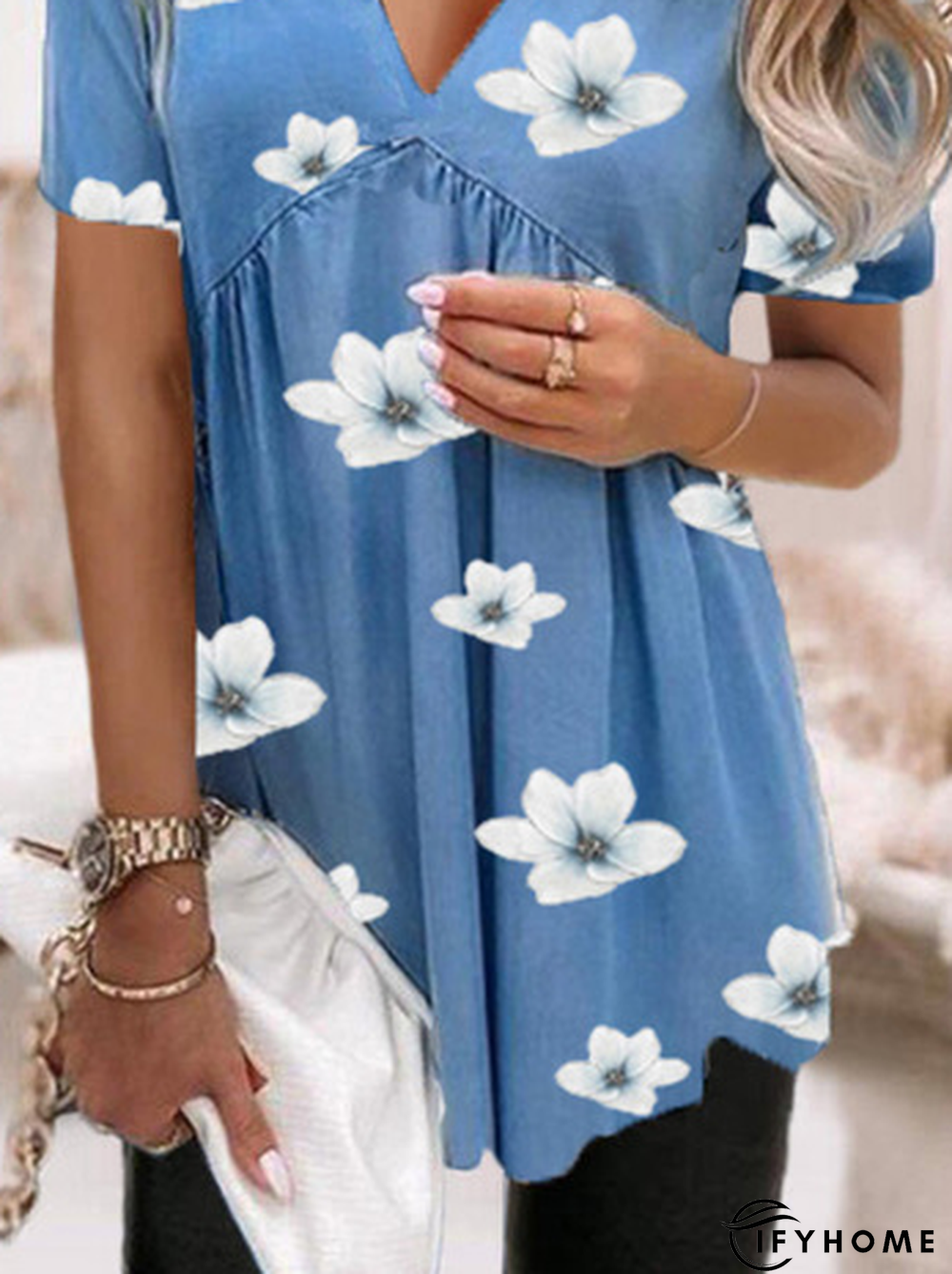 Loosen V Neck Floral Short Sleeve Tops | IFYHOME