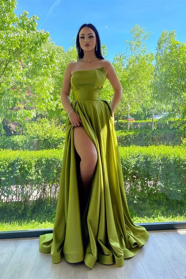 Daisda Elegant Strapless A-Line Prom Dress Green With Split