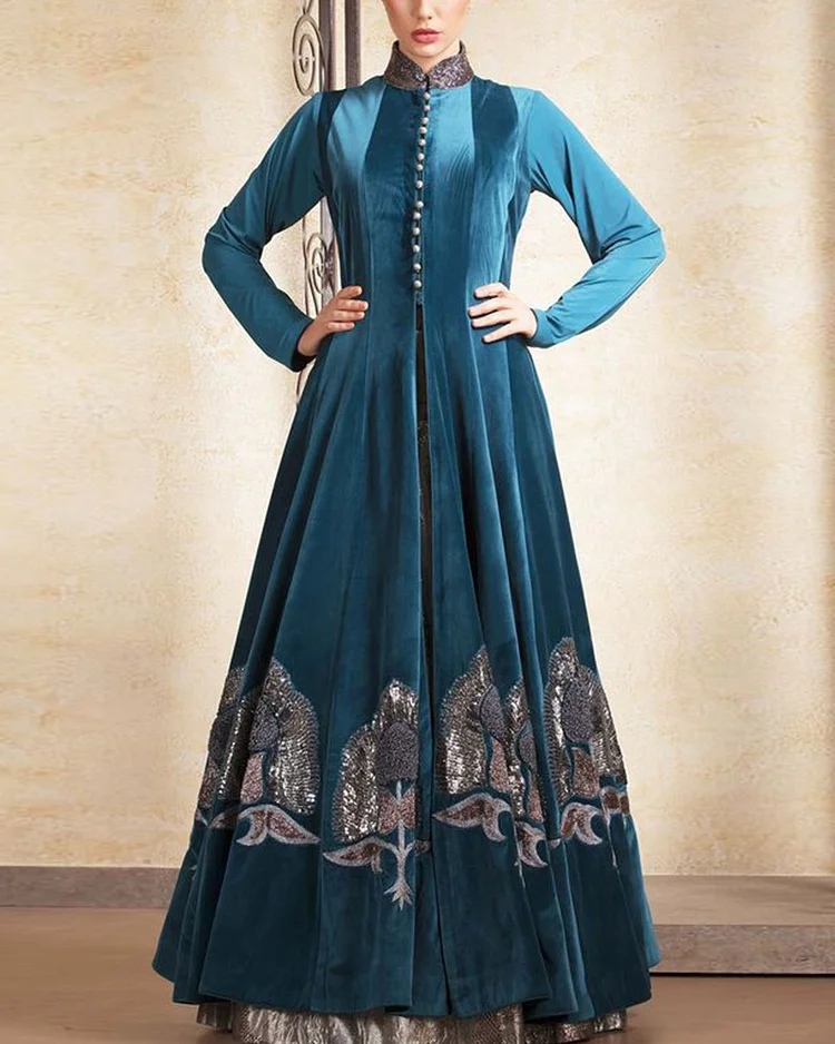 Elegant embroidered velvet maxi dress