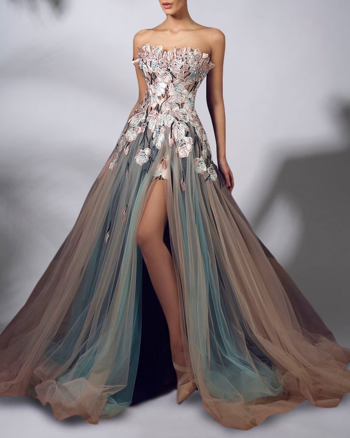 Embellished Evening Gown Long Tulle Dress