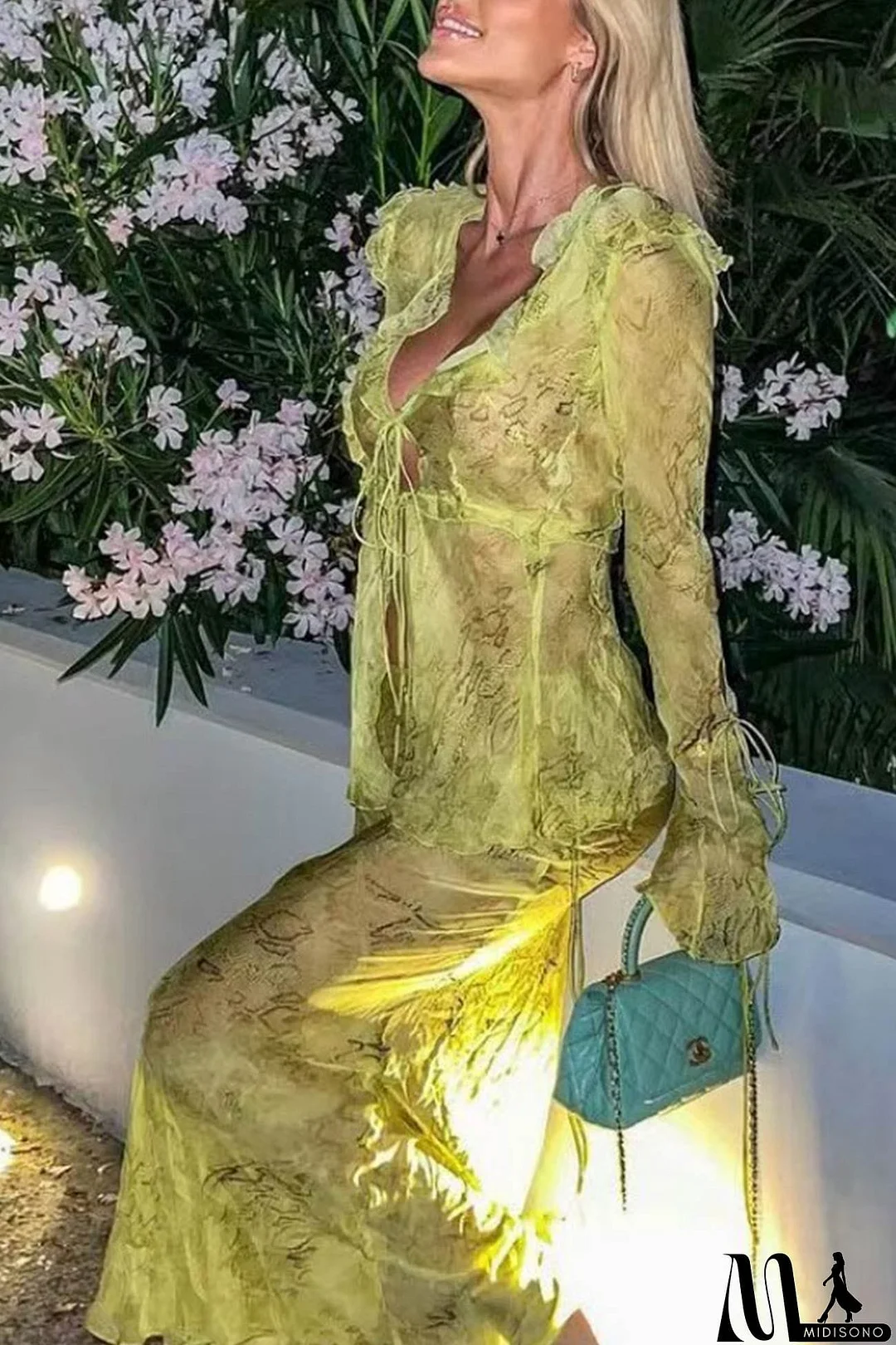 MidiSono - Mesh Printed Strappy Cardigan Skirt Suits