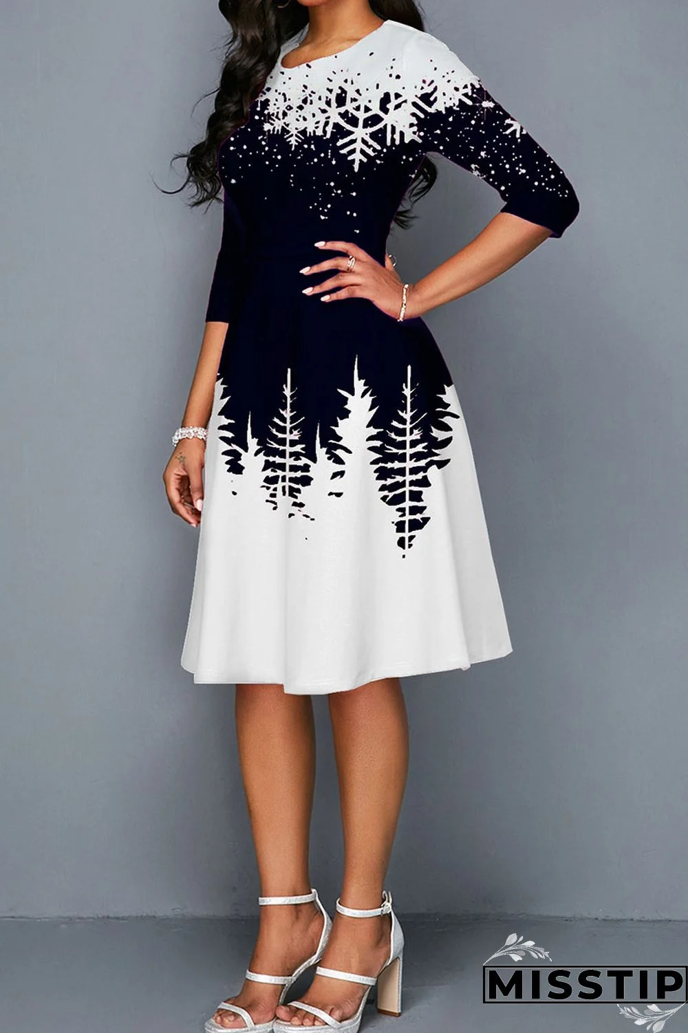 Blue Casual Print Patchwork O Neck A Line Dresses