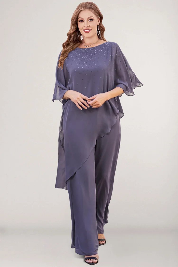 Flycurvy Plus Size Mother Of The Bride Stormy Chiffon Hot Drilling Asymmetrical Hem Two Pieces Pant Suit  Flycurvy [product_label]