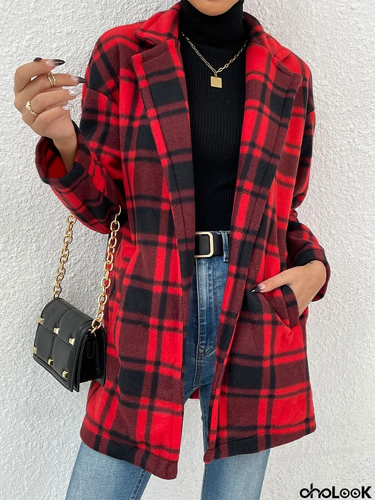 Plaid Lapel Collar Coat with Pockets