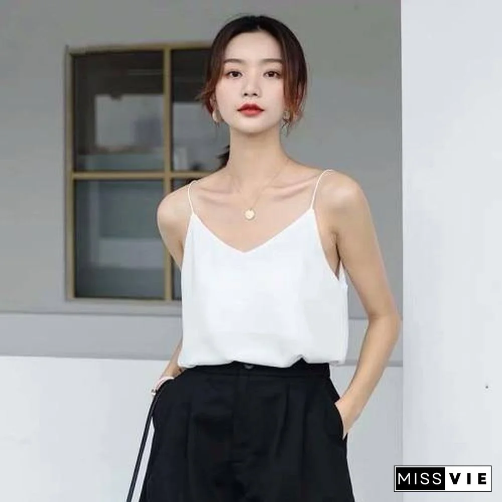 Korean Chiffon Top Women Woman V-neck Satin Tank Top Woman Sleeveless Vest Tops Tees Plus Size Sexy Women White Top Ladies Camis