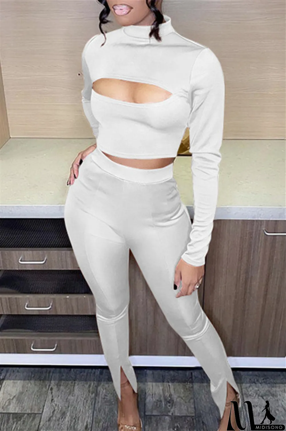 MidiSono - White Sexy Casual Solid Bandage Turtleneck Long Sleeve Two Pieces