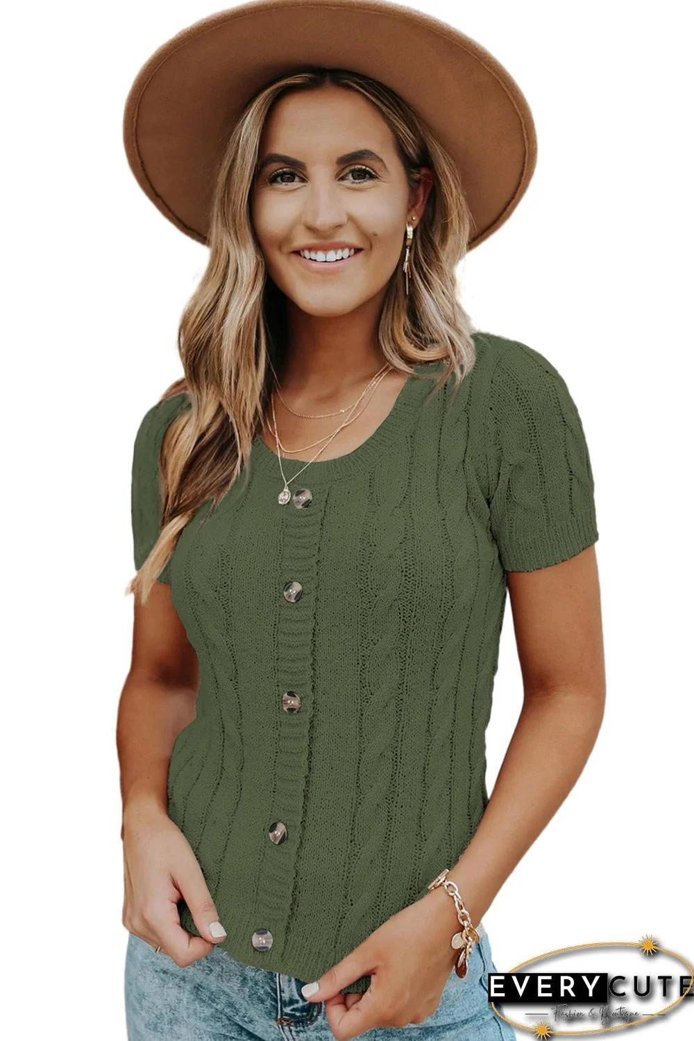 Green Cable Knit Short Sleeve Top with Buttons