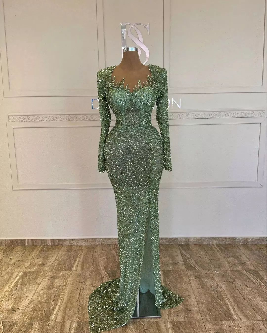 Oknass Green Sequins Long Sleeve Mermaid Split Prom Gown Dress 