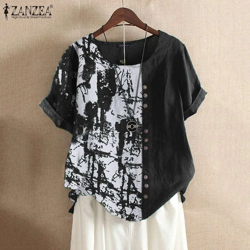 2022 Women's Printed Blouse ZANZEA Vintage Patchwork Tops Casual Summer Short Sleeve Shirts Female O Neck Blusas Top