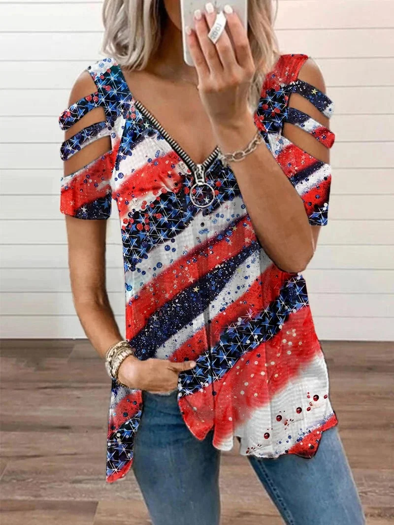 Women's Independence Day Star Stripes Print Zipper V-Neck Off-Shoulder T-Shirt