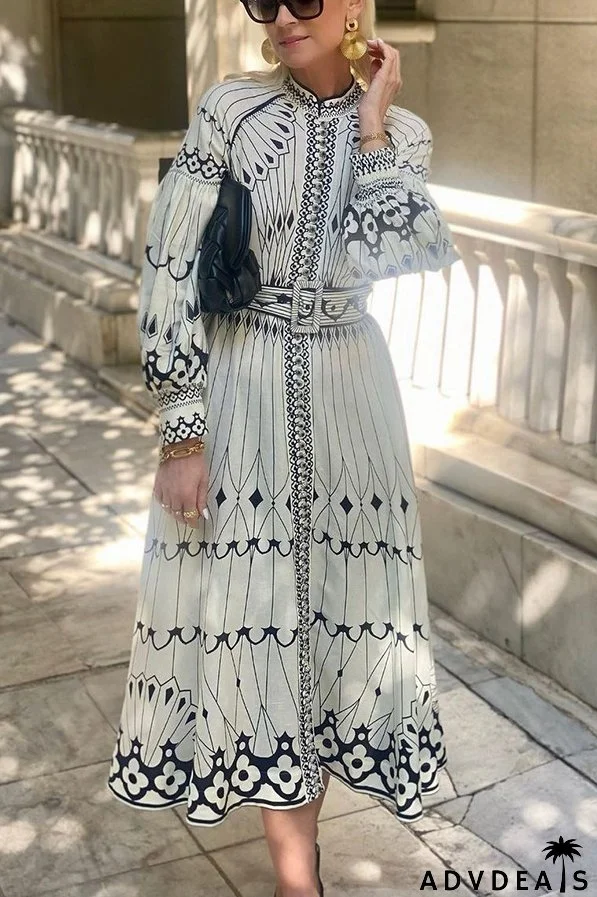 Women Elegant Long Sleeve Belt Button Printed Dress
