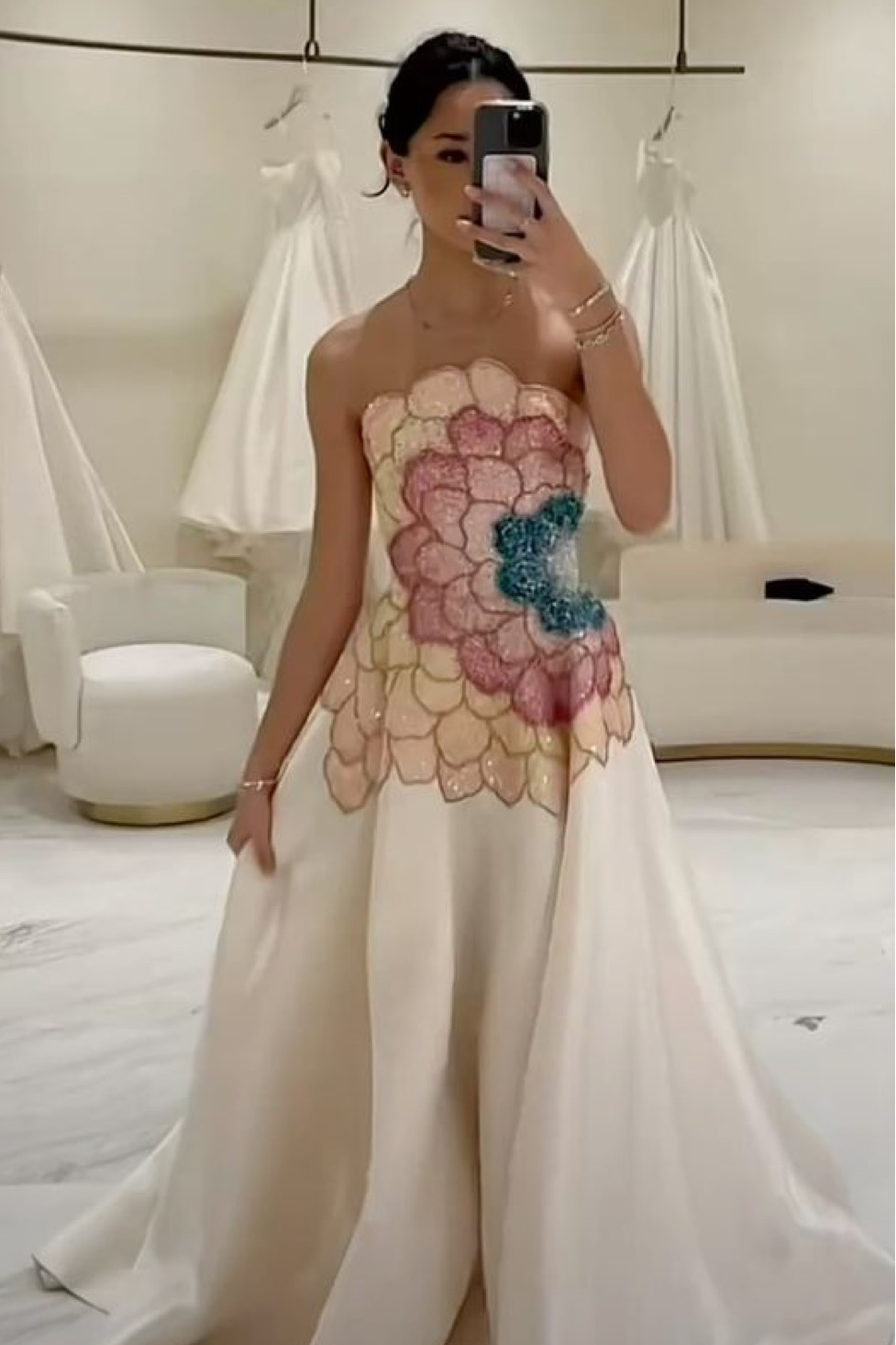 Miabel Elagant Satin Ivory Strapless Sleeveless Long Floral Prom Dress with Beadings