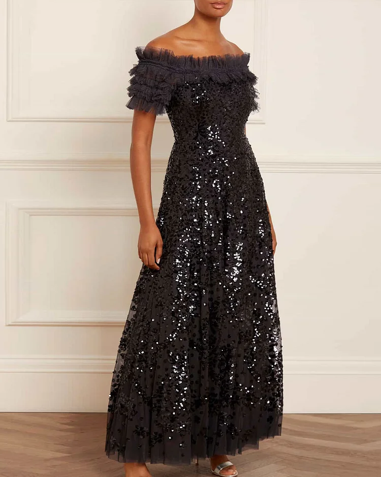 Sequin Wreath Off-Shoulder Gown