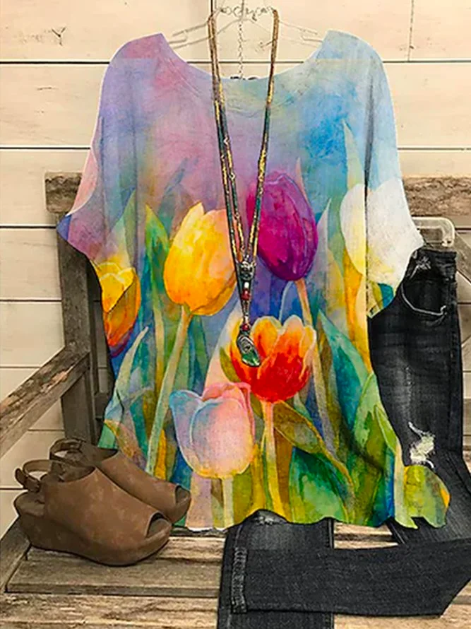 Floral Crew Neck Vacation Casual Short Sleeve Blouse
