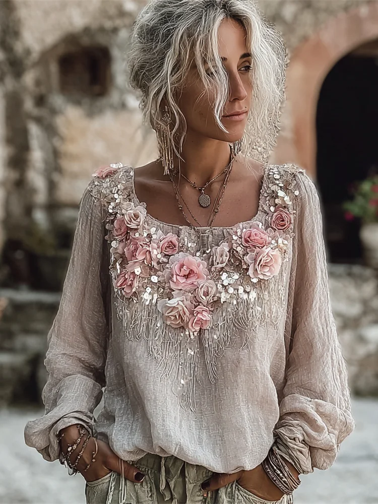 Bohemian Elegant Floral Art Women's Linen Long Sleeve Shirt
