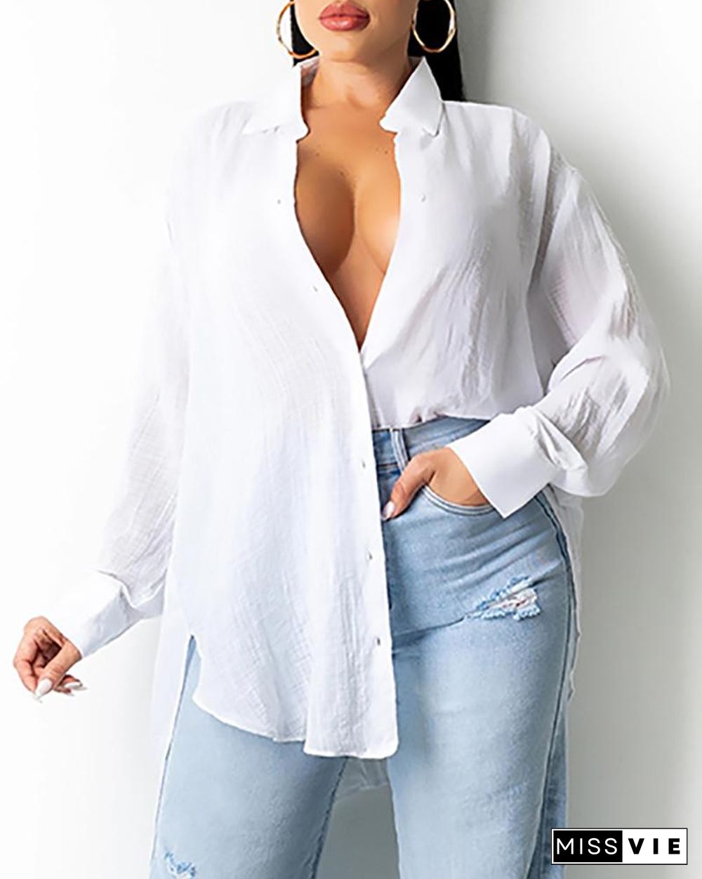 Button Design Lantern Sleeve Shirt