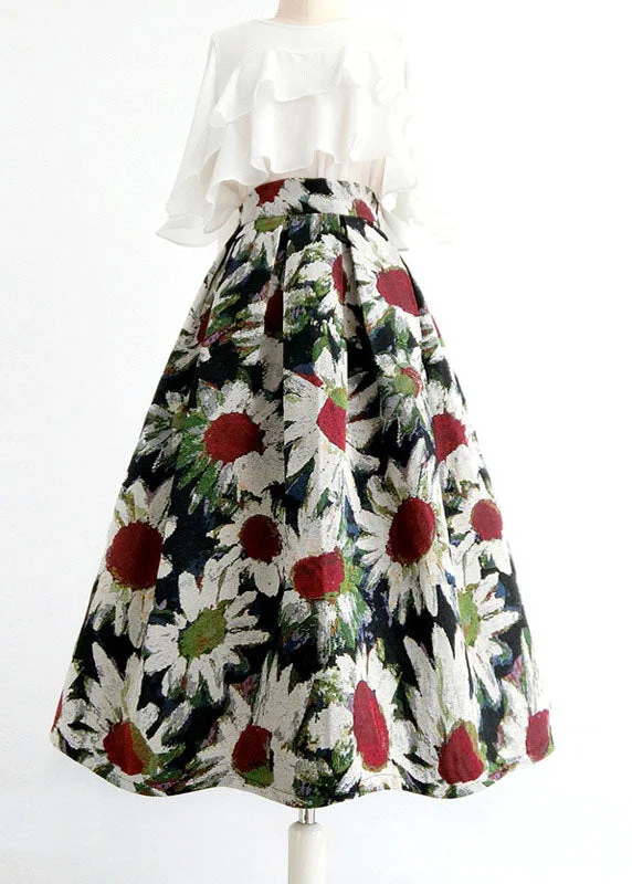 Vintage Floral Wrinkled Embroideried Patchwork Cotton Skirts Spring