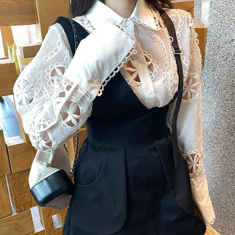 Toloer Toloer Chic Summer Court Style French Vintage Heavy Industry Lace Hollow Lantern Sleeves Lapel Shirt Jacket Female-Outfit Ideas