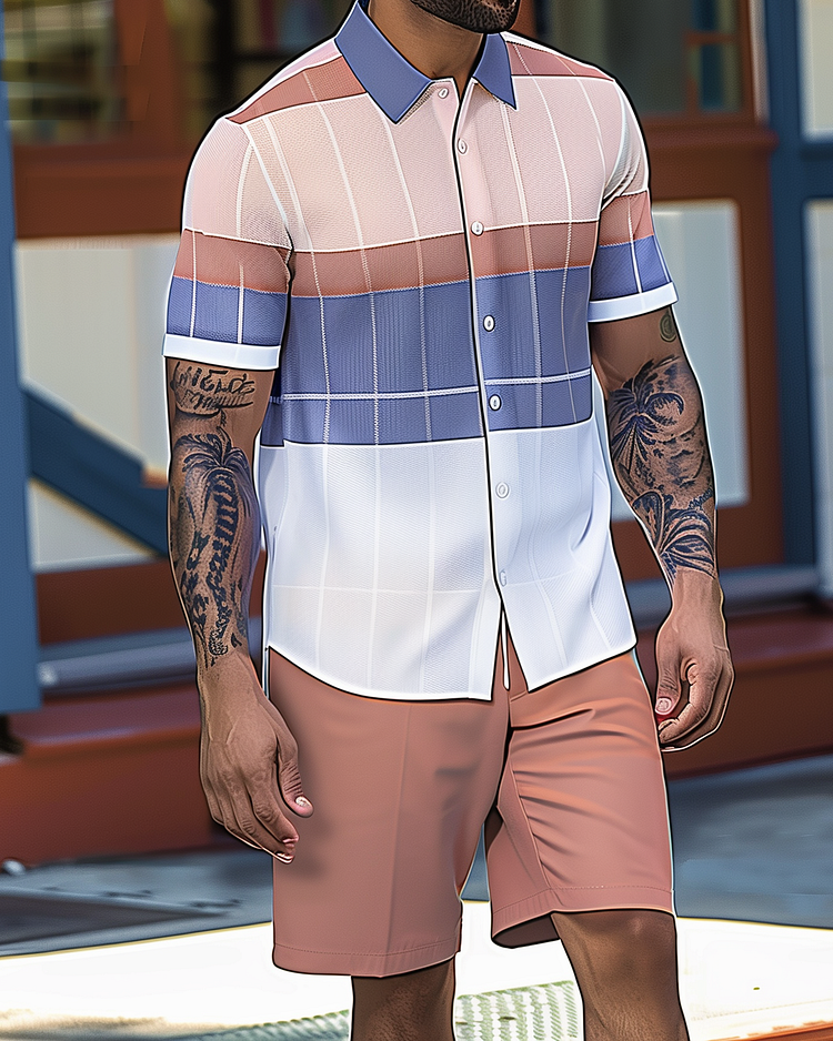 Men's Casual Color Block Textured Shorts Walking Suit 045