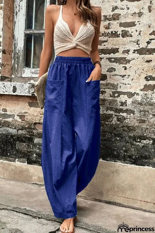 Resort Casual Elastic Waist Loose Trousers