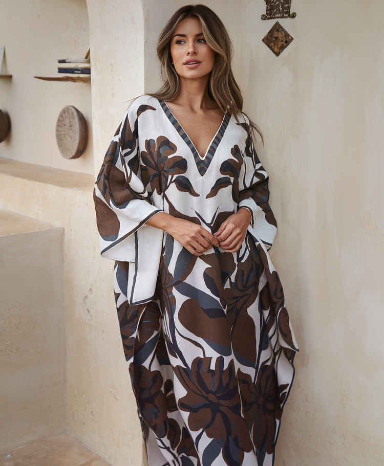 Linen Printed Kaftan Maxi Dress