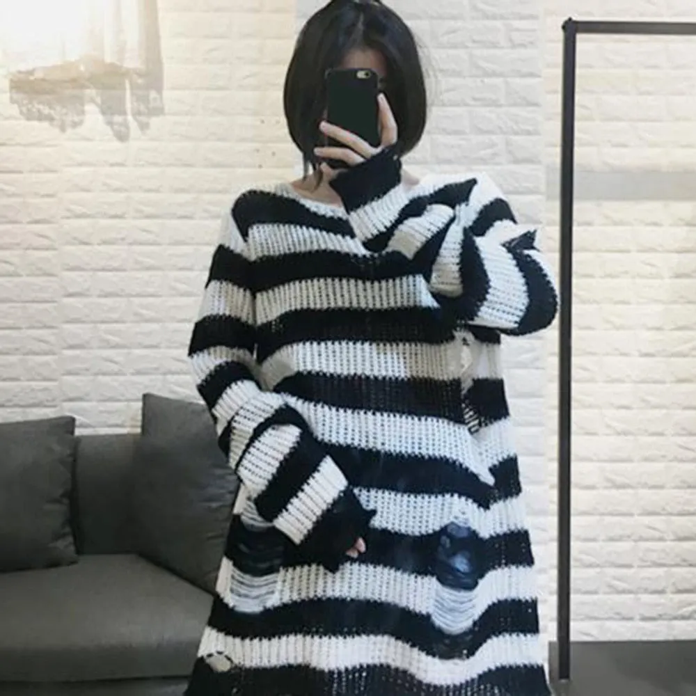 Halloween 200 Gothic Knitted Sweater Women Long Pullovers Striped Loose Winter Ripped Plus Size Sweaters Jumpers Mujer Jersey 924