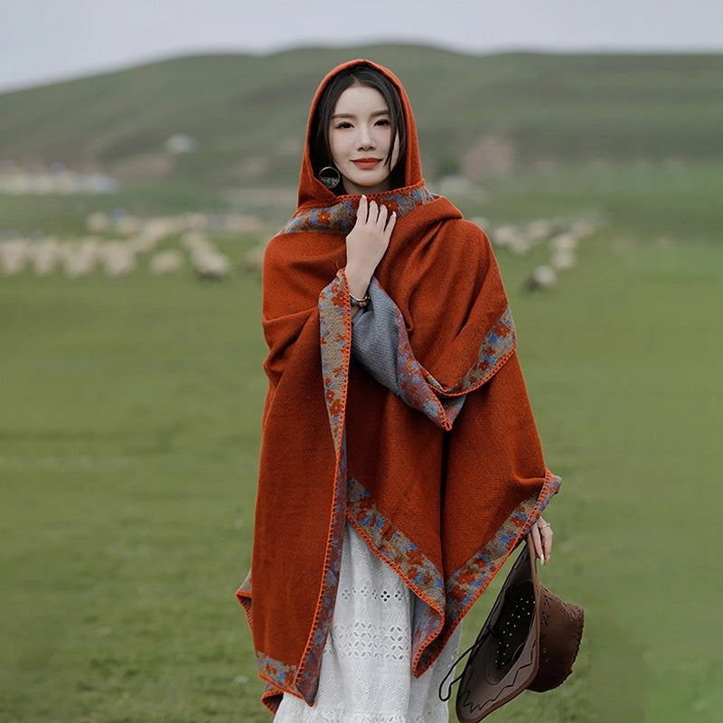 Ethnic Style Hooded Shawl Cloak Lijiang Xinjiang Tibet Northwest Tourism Wear Photograph Warm Outer Cape