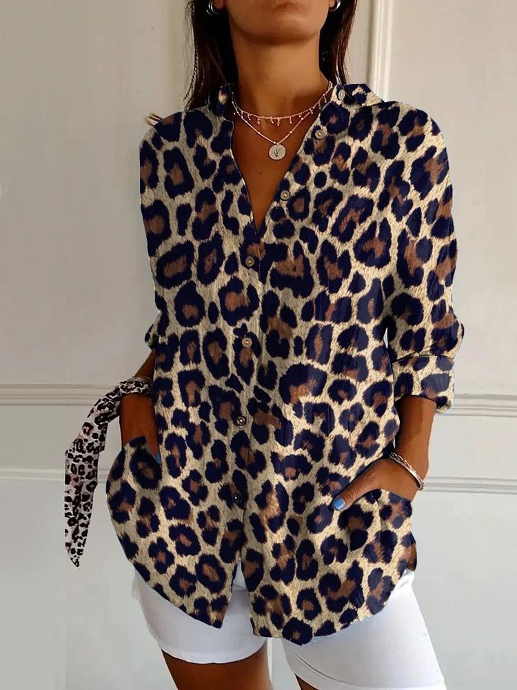 Vintage Classic Leopard Print Casual Long Sleeve Shirt