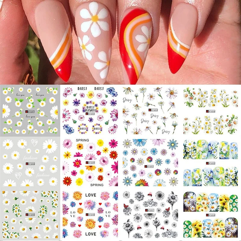 12 Designs Nail Stickers Set Mixed Floral Geometric Nail Art Water Transfer Decals Sliders Flower Leaves Manicures Decoration-Nail Inspo