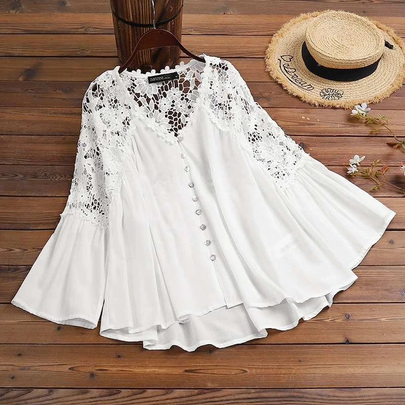 Summer Lace Crochet Blouse 2022 ZANZEA Sexy Women Hollow Out Shirt Casual Elegant V Neck 3/4 Sleeve White Tops Office Blusas 7