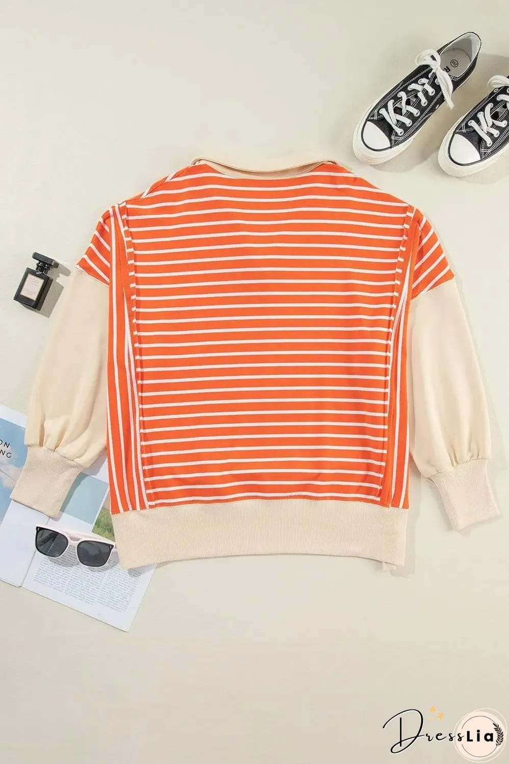 Orange Stripe Color Block Loose Fit Collared Drop Shoulder Sweatshirt