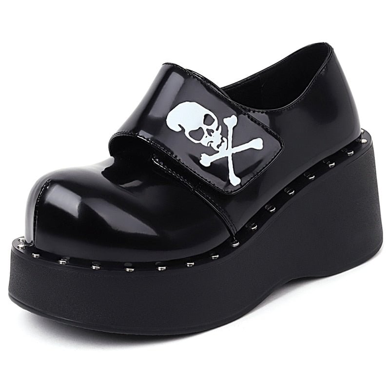 Gdgydh Devil Fashion Gothic Platform Shoes Women Hook Loop Trendy Street Skull Women's Pumps Light Leather Japanese Harajuku