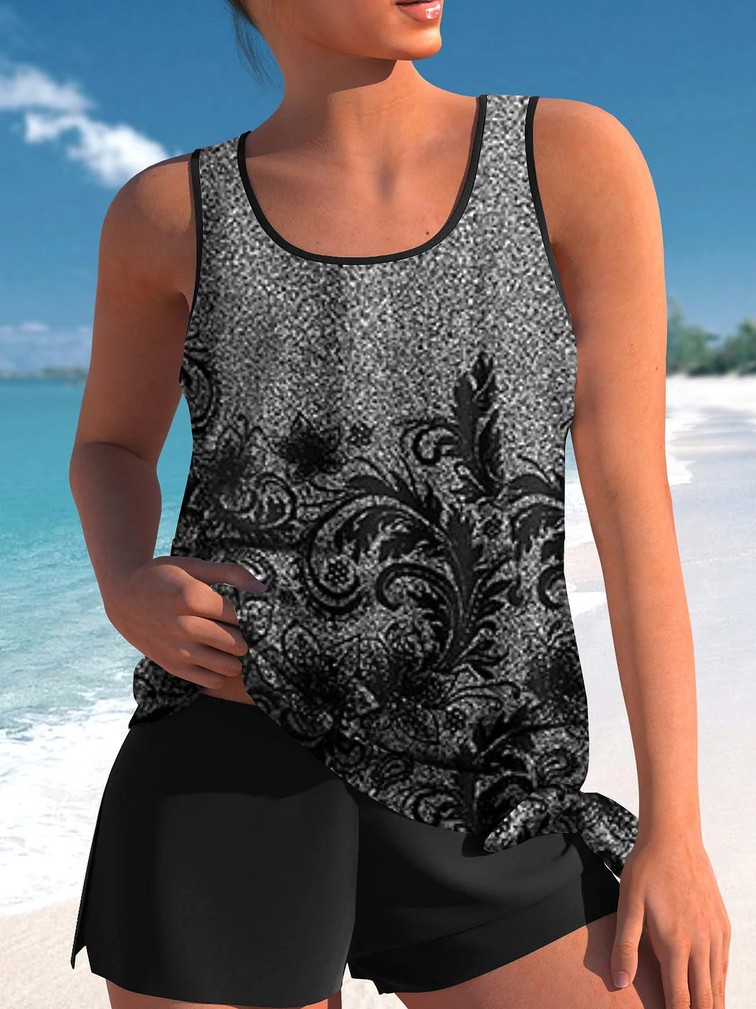 Bowknot Black Floral Printed Graphic Mid Waisted Tankini Set - Plus Size Available