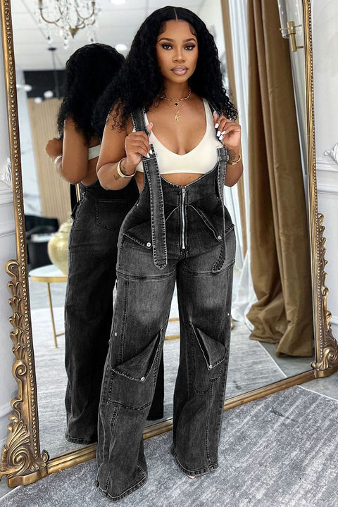 Zip-Up Pockets Daily Washed Denim Wide Leg Overalls-Blue