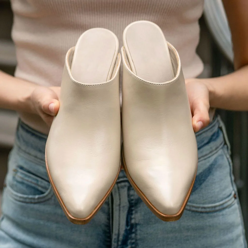 Beige Vegan Leather Slip-On Pointed Toe Chunky Heel Mules for Women