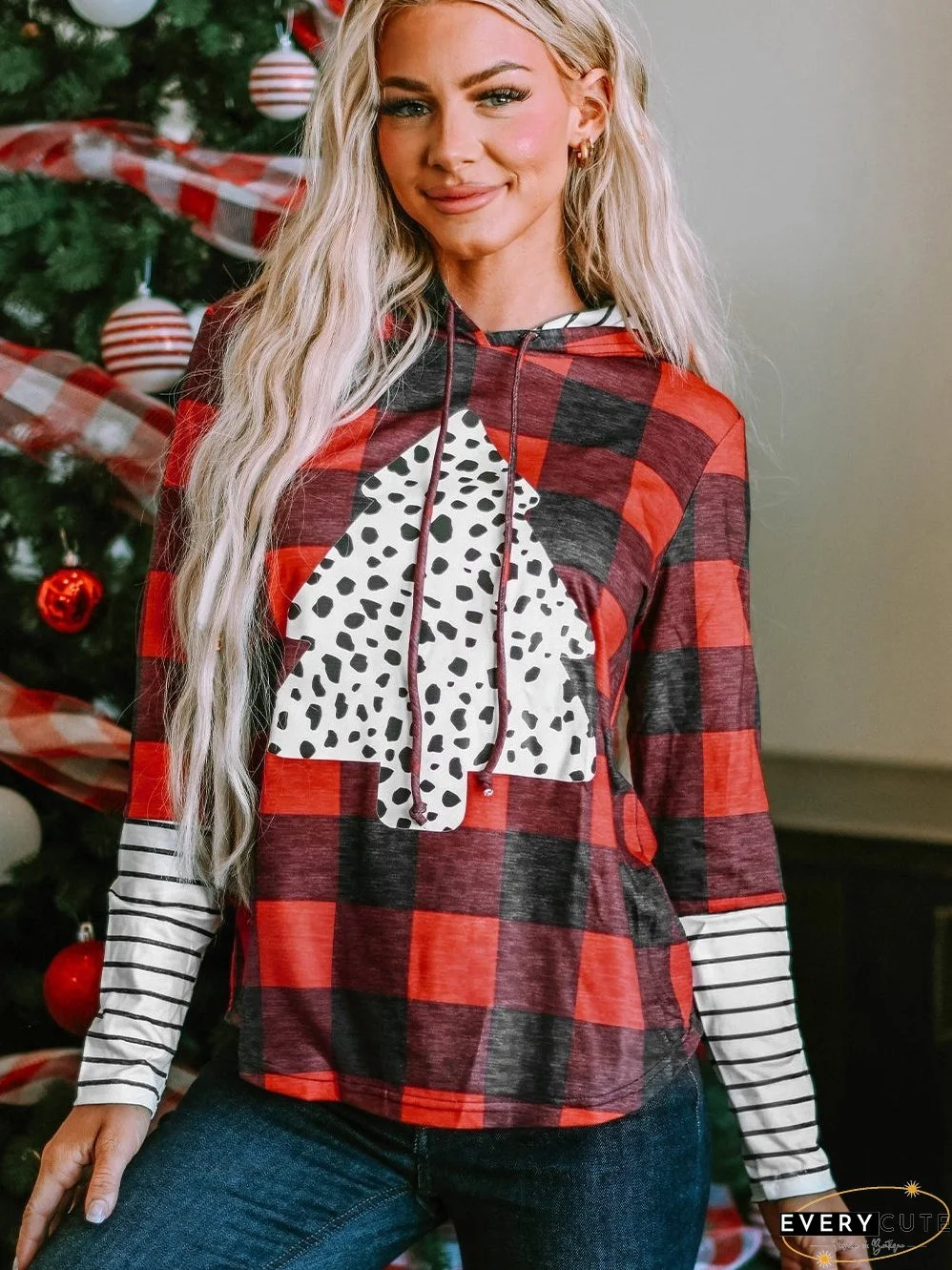 Festive Red Plaid Leopard Christmas Tree Hoodie with Fiery Accents