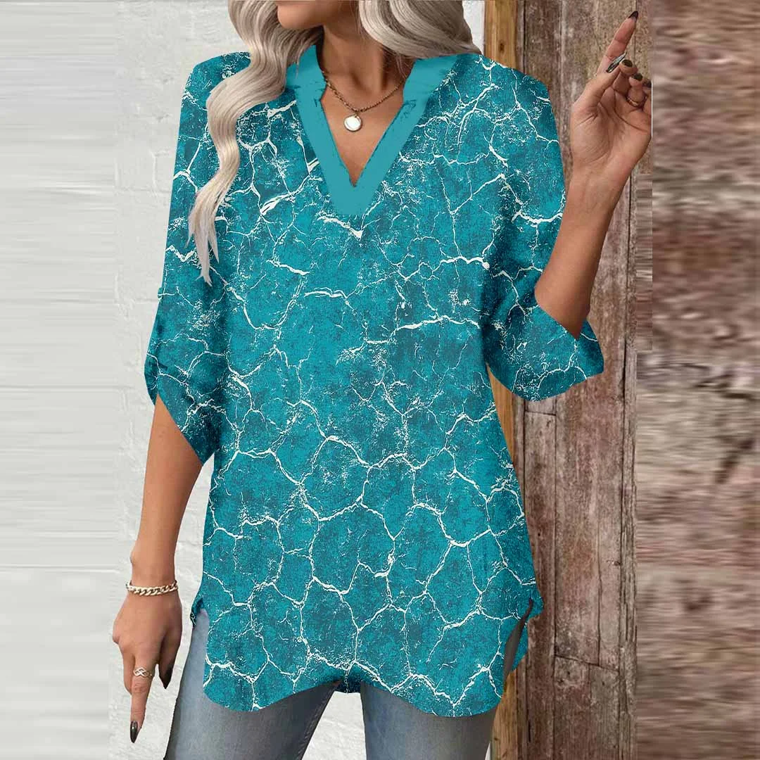 Women Textured,Blue DZGA0666 3/4 Sleeve V-neck Printed Graphic Button Tops