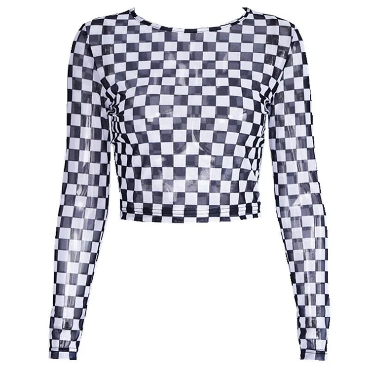 Long Sleeve Checkerboard Sheer Mesh Crop Top Blouses