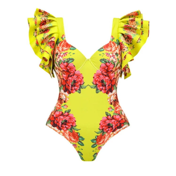 Plus Size Ruffles Colorful Flower Print One Piece Swimsuit and skirt Flaxmaker