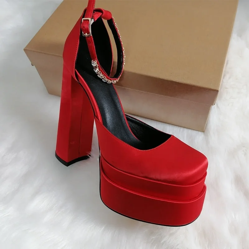 Onlymaker Square Toe Sandals Platform Thick High Heels Solid Mixed Colors Crystal Buckle Stain Sandals Graceful Women Pumps