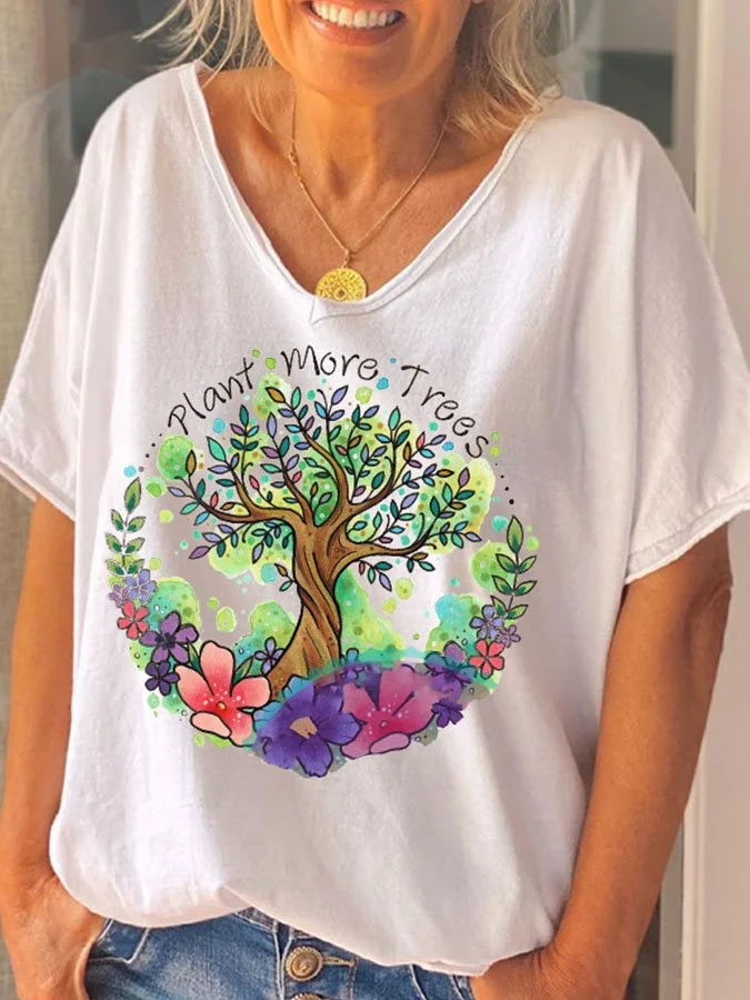 Classic V-neck Plant More Trees Floral Printed Graphic Tees