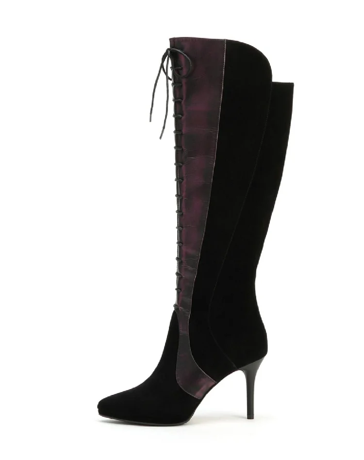 Black Suede and Maroon Stiletto Heel Lace Up Boots |FSJ Shoes