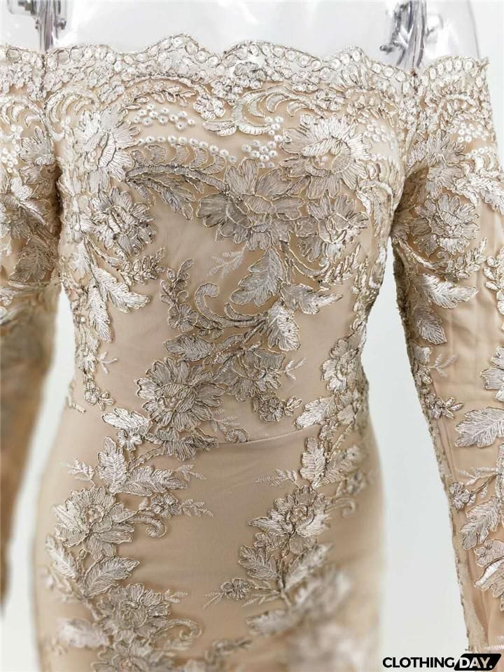 Gorgeous Off Shoulder Long Sleeve Floral Applique Thigh-Length Bodycon Party Dress