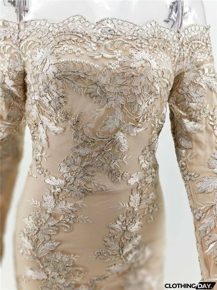 Gorgeous Off Shoulder Long Sleeve Floral Applique Thigh-Length Bodycon Party Dress