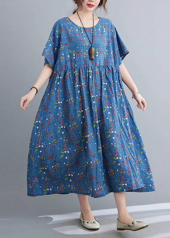 Blue O-Neck Wrinkled Maxi Dress Summer